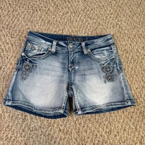 Grace in LA Women's Embroidered Denim Shorts Light Wash Rhinestone Western Sz 28
